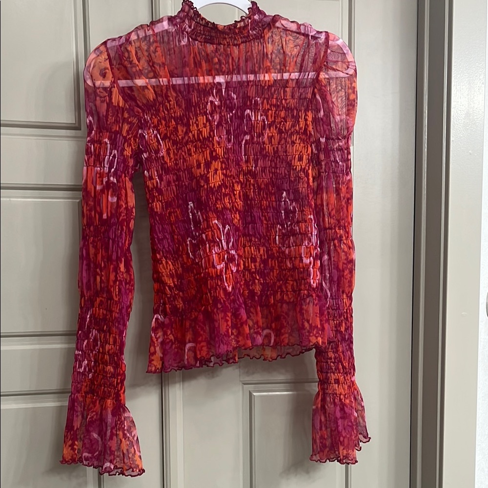 Free People Red Ruffled Smocked Sheer Long Sleeve Blouse. Size Small